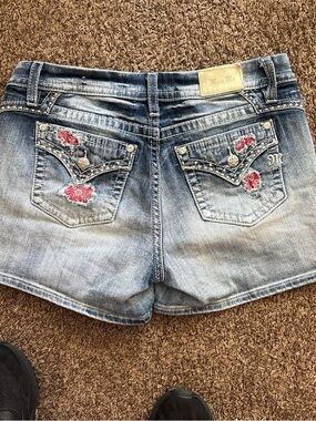 Miss Me Light Blue Denim Shorts with Red Patch Accents
